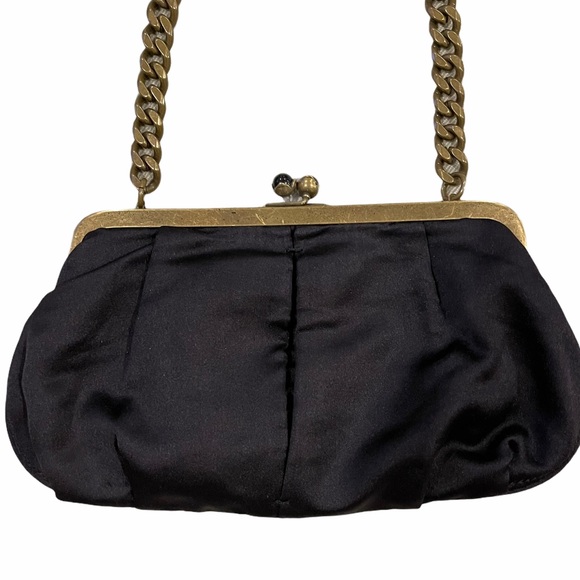 J Crew Kisslock Frame Black Silk Clutch with Chain - Picture 2 of 6